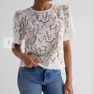 Express Embroidered Crochet Puff Sleeve Top WHITE